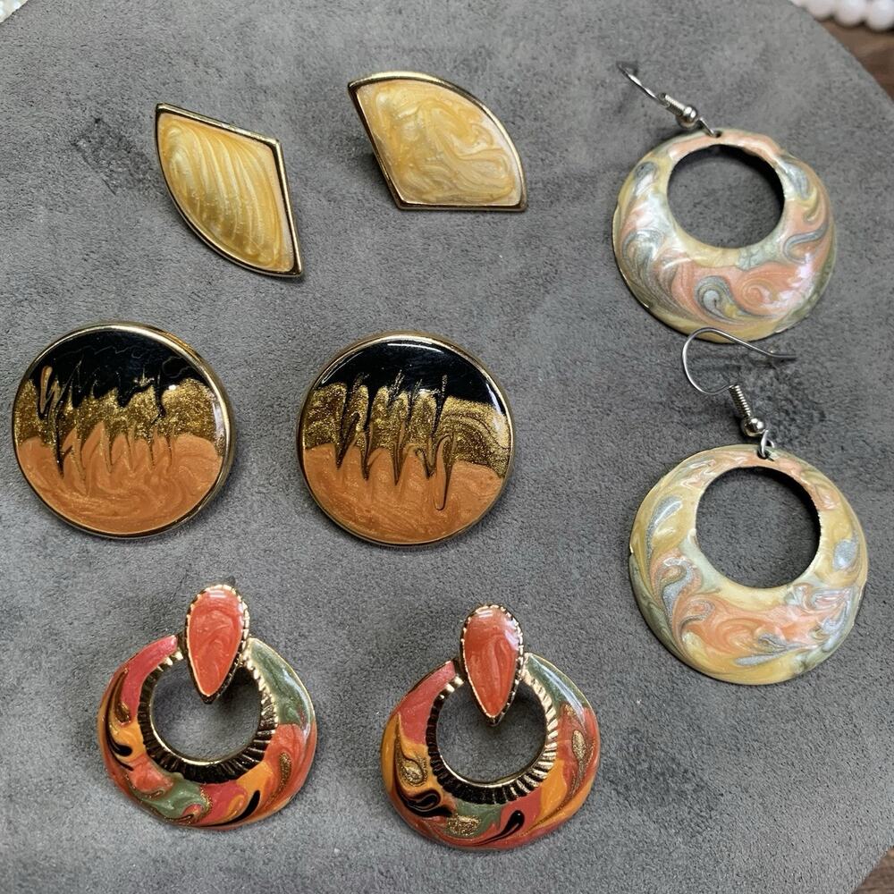 Vintage Glitter Swirl Enamel Earring Lot Of 4 Stud And Dangle